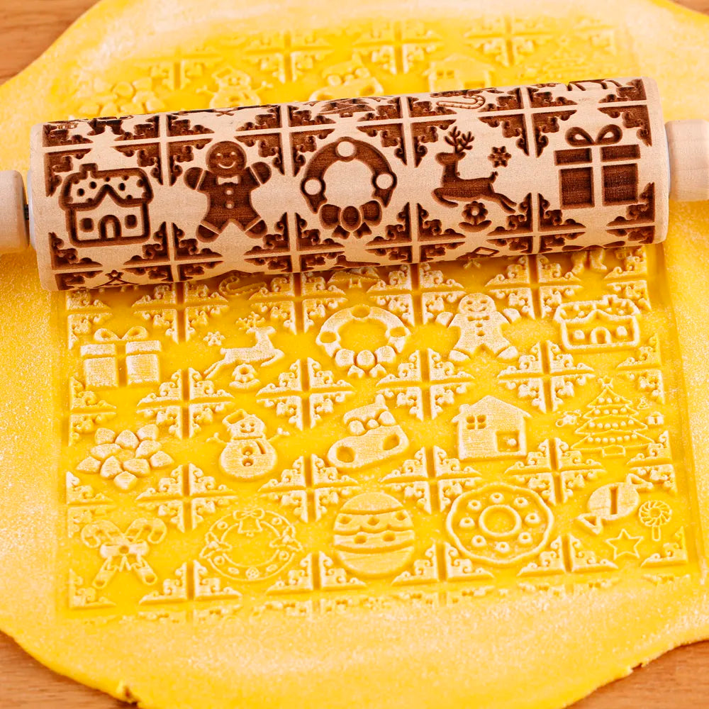 1Pc 13.7In Wooden Christmas Embossed Rolling Pin for Pastry Baking Tools,Santa Claus Elk Boots Deep Engraving Cookies Stamp Tool