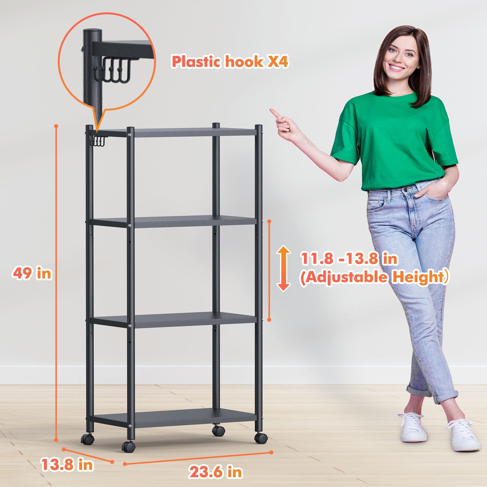 Ambitelligence Kitchen Bakers Rack, Heavy Duty Bakers Rack 4-Tier Free Standing Kitchen Storage Shelf Rack Hight Adjustable with Wheels & Feet, Industrial Metal Microwave Oven Stand Black