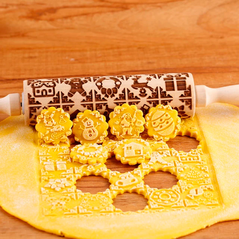 1Pc 13.7In Wooden Christmas Embossed Rolling Pin for Pastry Baking Tools,Santa Claus Elk Boots Deep Engraving Cookies Stamp Tool