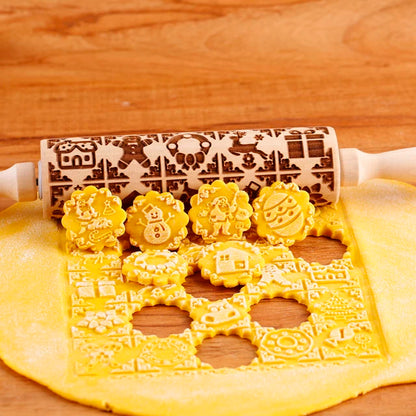 1Pc 13.7In Wooden Christmas Embossed Rolling Pin for Pastry Baking Tools,Santa Claus Elk Boots Deep Engraving Cookies Stamp Tool