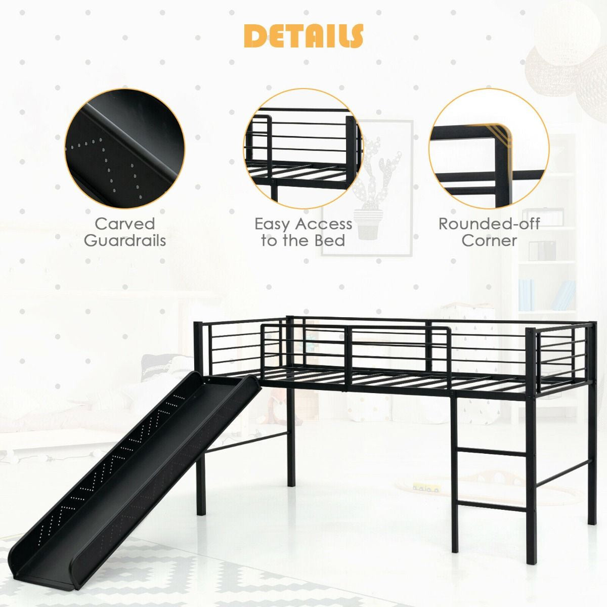 Sliding Loft Children Single Bed with Stairs and Safety Guardrails