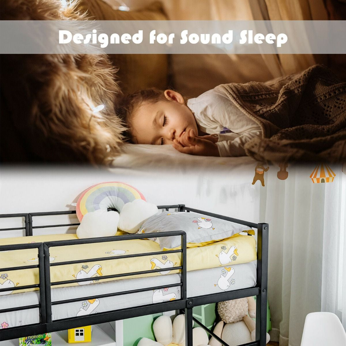 Sliding Loft Children Single Bed with Stairs and Safety Guardrails