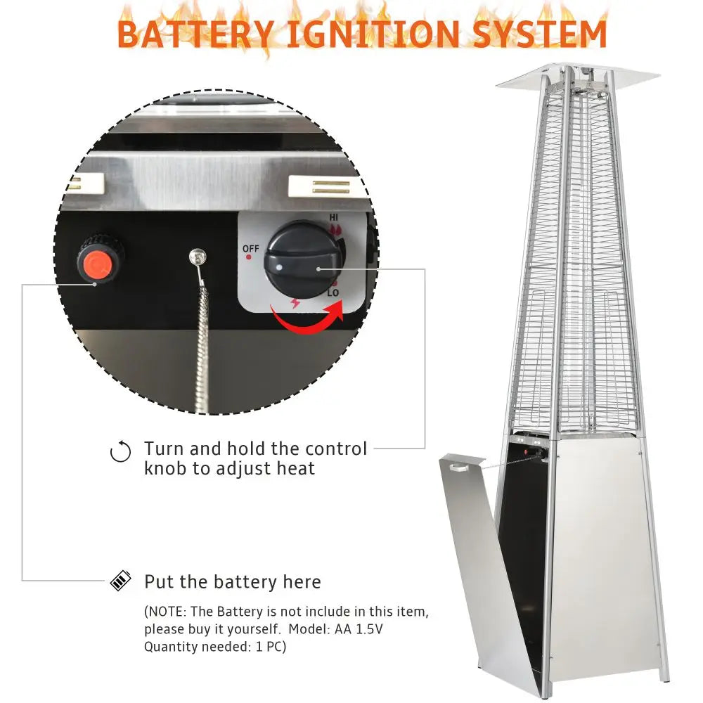 Outdoor Patio Gas Heater, Stainless Steel, Pyramid Heater Garden Standing Tower Heater with Wheels, Dust and Waterproof Cover