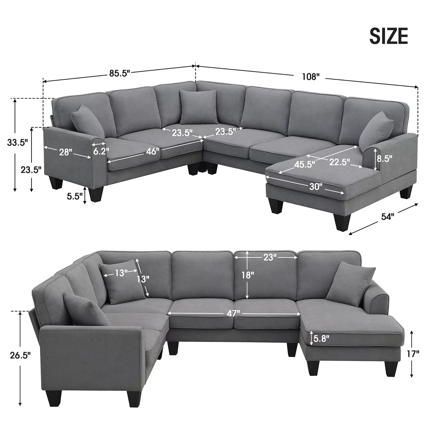 Modular Sectional Sofa with Storage Ottoman Couch L Shape Corner Sofa Sets 7 Seats Fabric Couch for Living Room, Grey,112 * 87 Inch