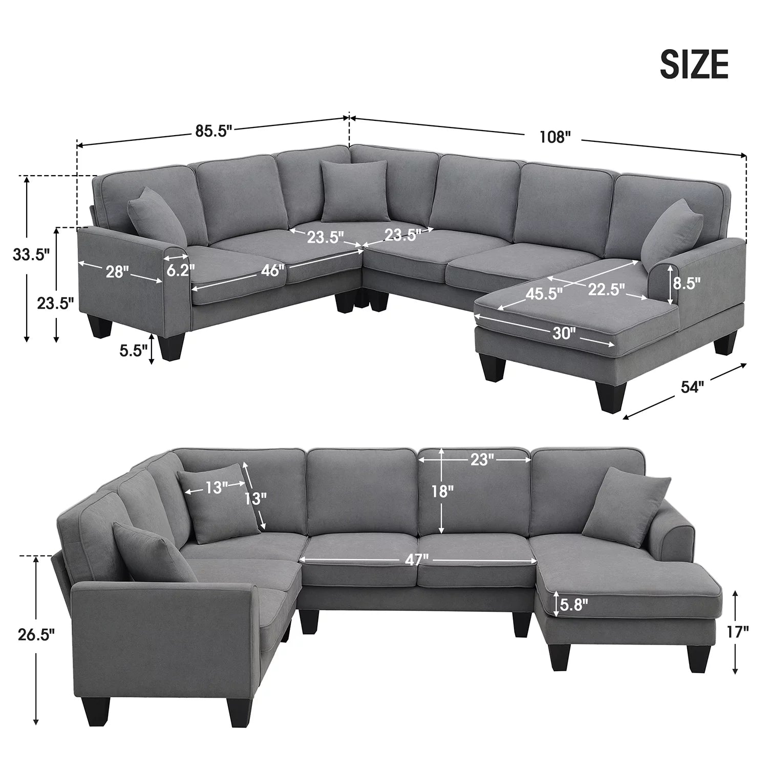 Modular Sectional Sofa with Storage Ottoman Couch L Shape Corner Sofa Sets 7 Seats Fabric Couch for Living Room, Grey,112 * 87 Inch