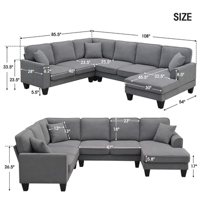 Modular Sectional Sofa with Storage Ottoman Couch L Shape Corner Sofa Sets 7 Seats Fabric Couch for Living Room, Grey,112 * 87 Inch