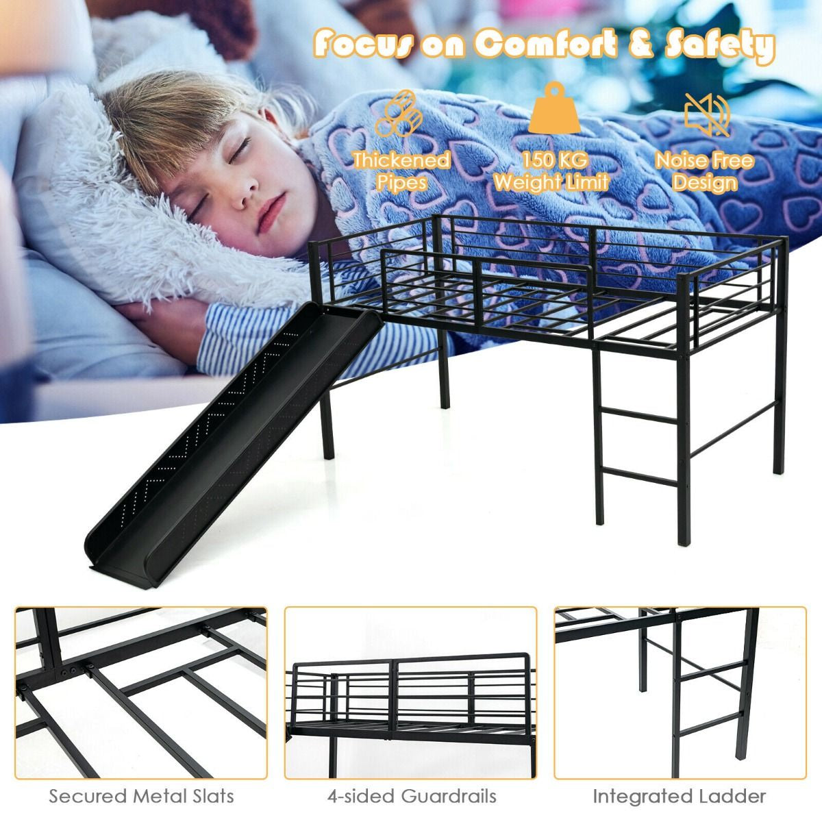 Sliding Loft Children Single Bed with Stairs and Safety Guardrails