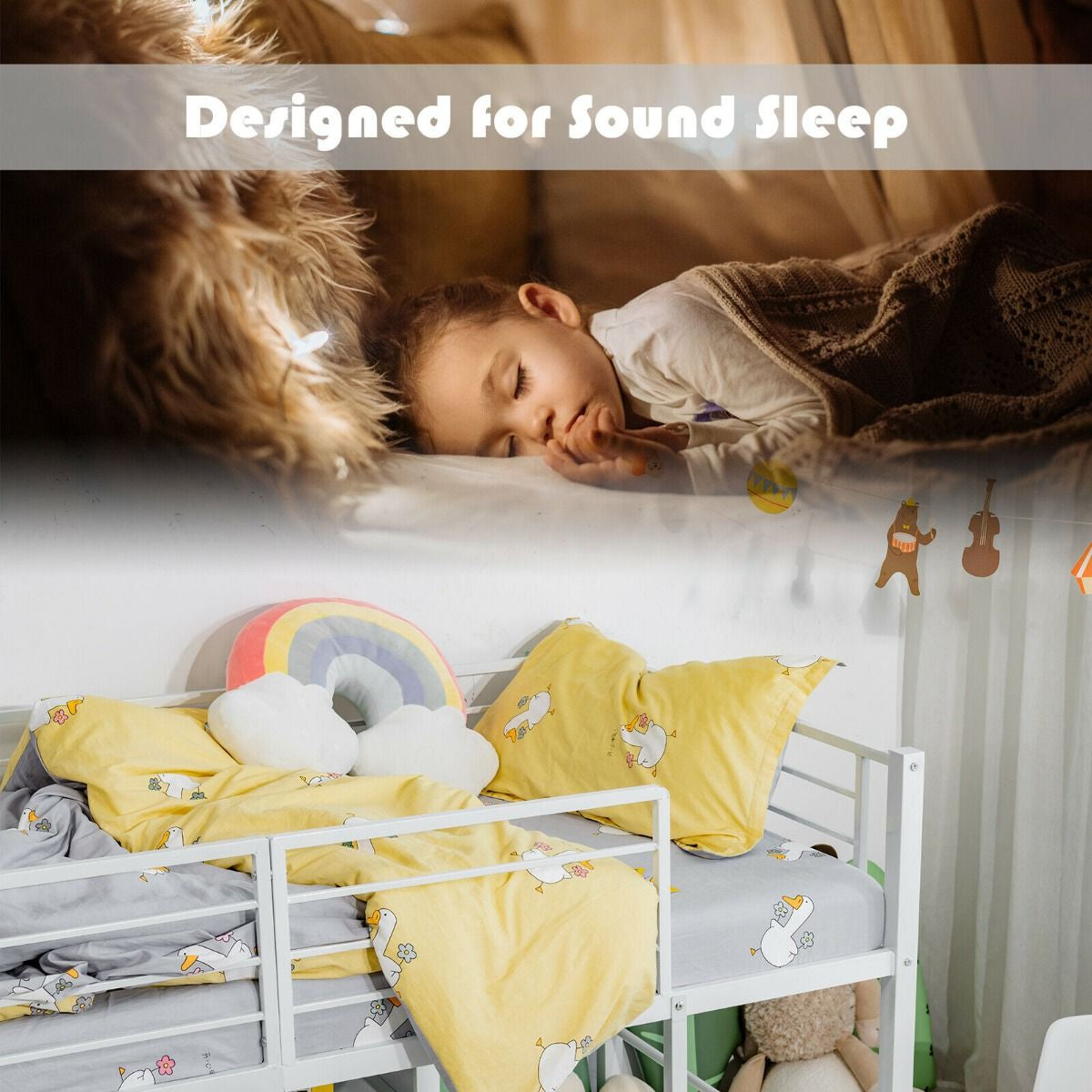 Sliding Loft Children Single Bed with Stairs and Safety Guardrails