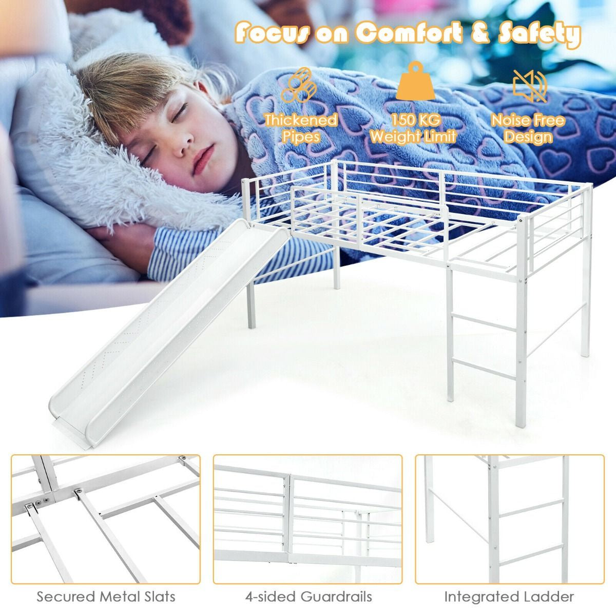 Sliding Loft Children Single Bed with Stairs and Safety Guardrails