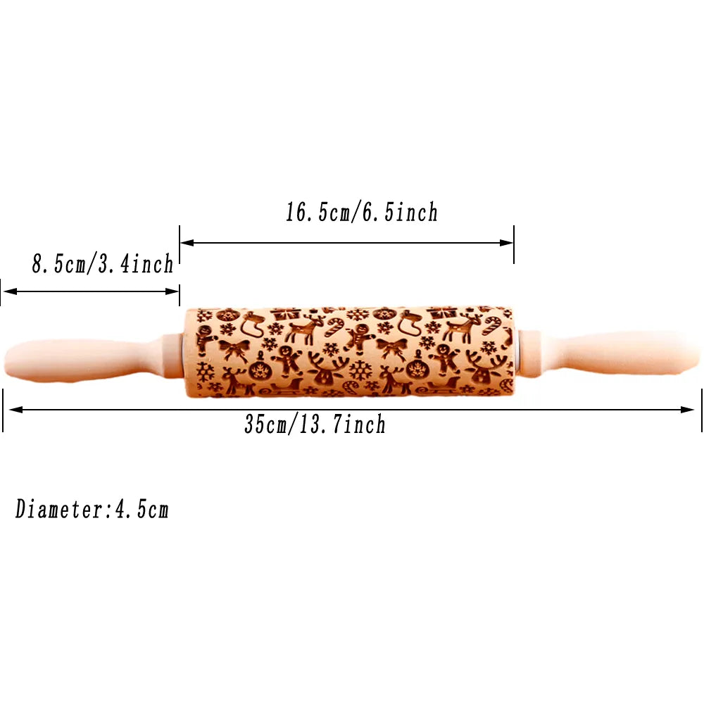 1Pc 13.7In Wooden Christmas Embossed Rolling Pin for Pastry Baking Tools,Santa Claus Elk Boots Deep Engraving Cookies Stamp Tool