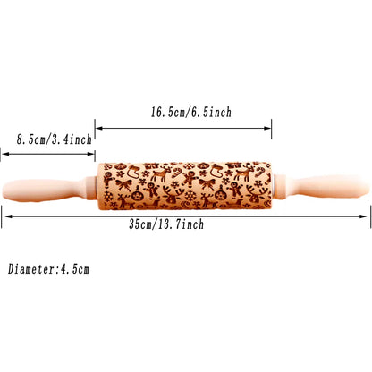 1Pc 13.7In Wooden Christmas Embossed Rolling Pin for Pastry Baking Tools,Santa Claus Elk Boots Deep Engraving Cookies Stamp Tool