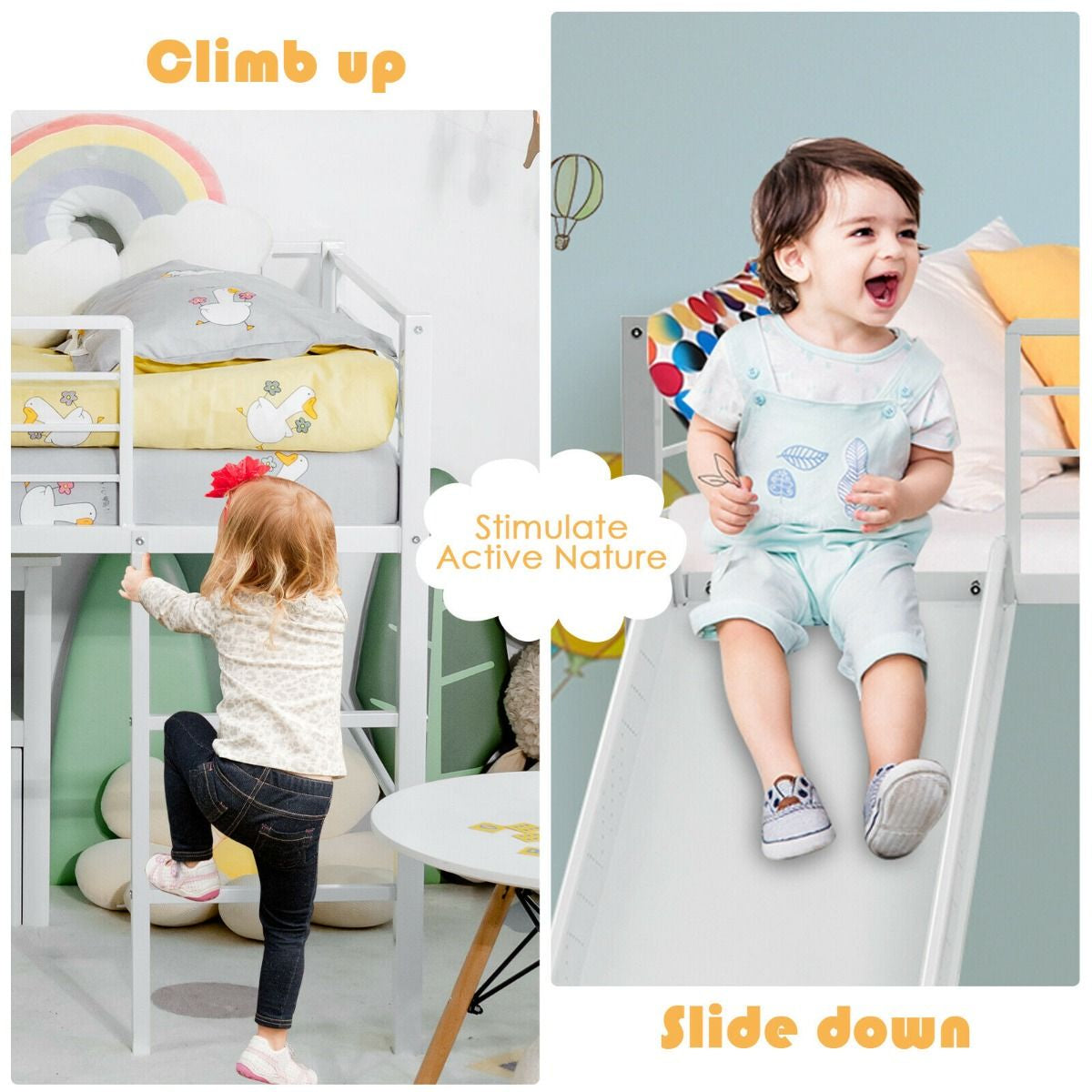 Sliding Loft Children Single Bed with Stairs and Safety Guardrails