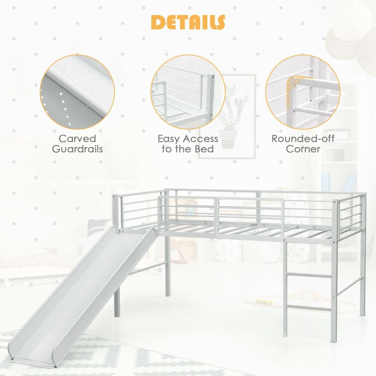 Sliding Loft Children Single Bed with Stairs and Safety Guardrails