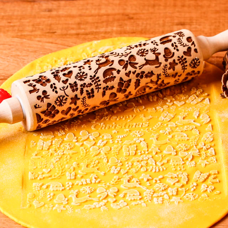 1Pc 13.7In Wooden Christmas Embossed Rolling Pin for Pastry Baking Tools,Santa Claus Elk Boots Deep Engraving Cookies Stamp Tool