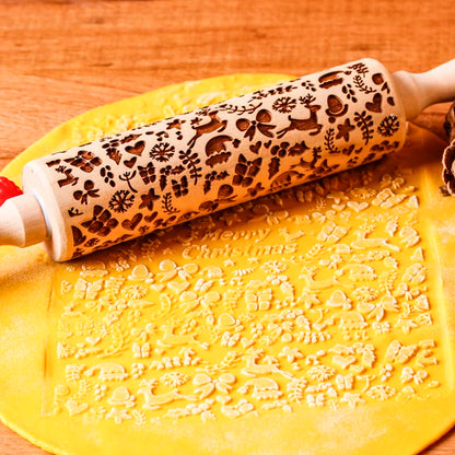 1Pc 13.7In Wooden Christmas Embossed Rolling Pin for Pastry Baking Tools,Santa Claus Elk Boots Deep Engraving Cookies Stamp Tool
