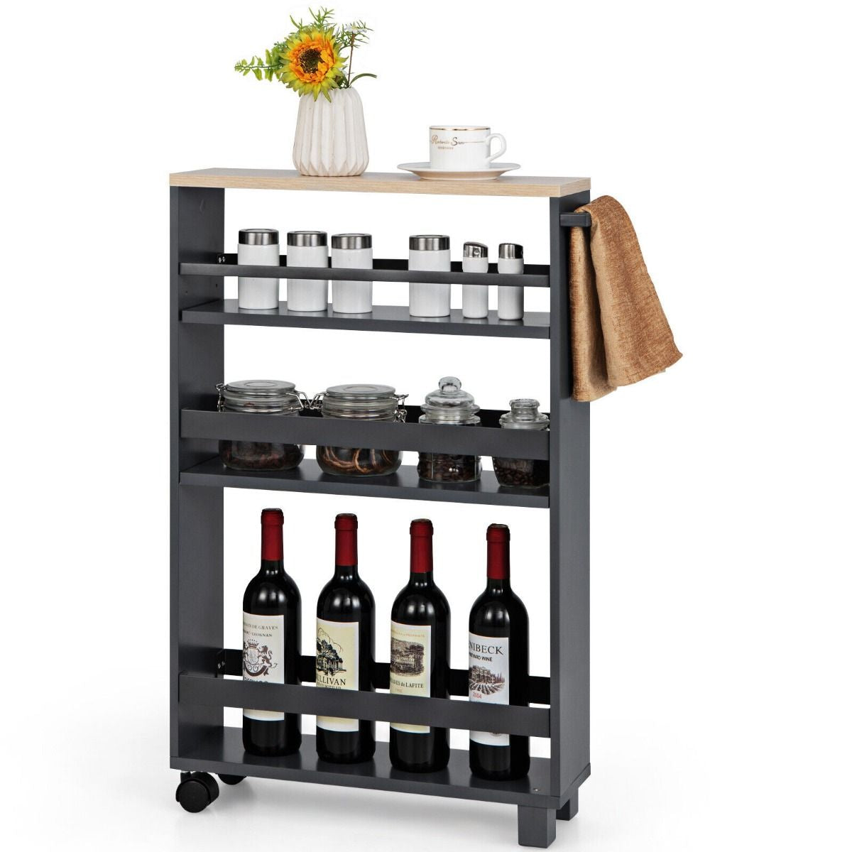 4-Tier Slim Rolling Storage Trolley with Handle and Adjustable Shelf