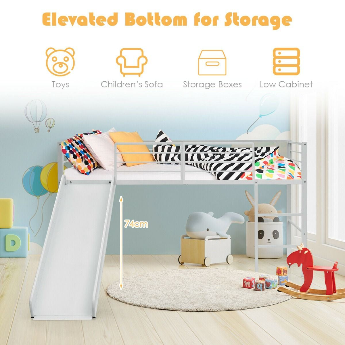 Sliding Loft Children Single Bed with Stairs and Safety Guardrails