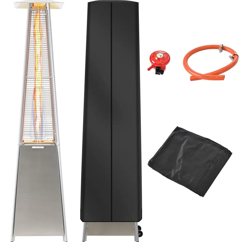 Outdoor Patio Gas Heater, Stainless Steel, Pyramid Heater Garden Standing Tower Heater with Wheels, Dust and Waterproof Cover