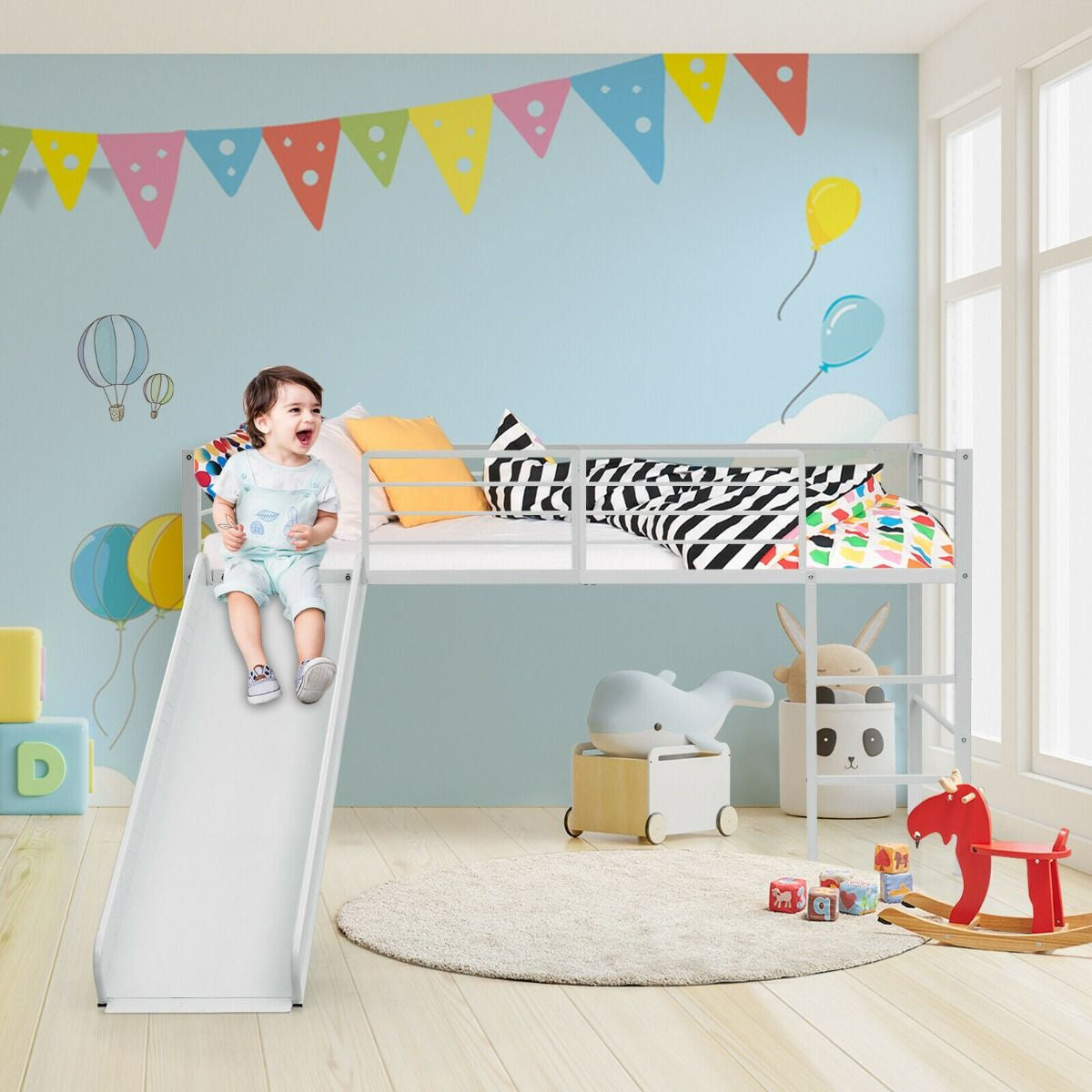 Sliding Loft Children Single Bed with Stairs and Safety Guardrails