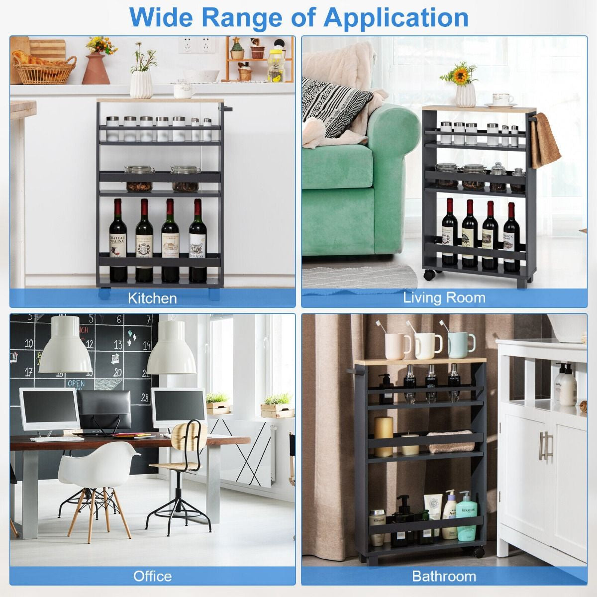 4-Tier Slim Rolling Storage Trolley with Handle and Adjustable Shelf