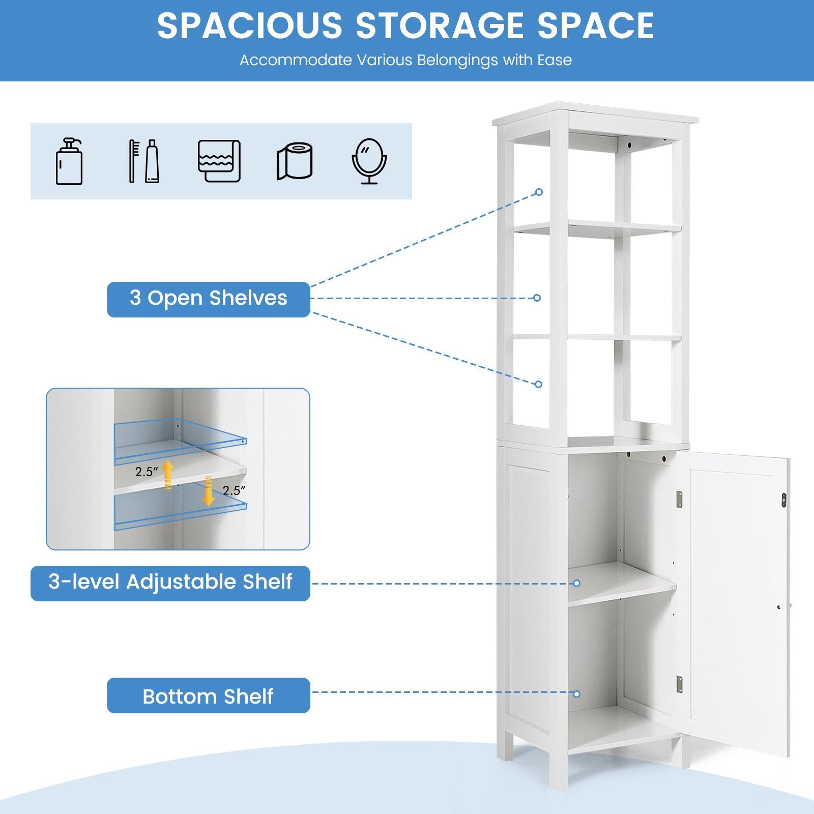 Freestanding Floor Cabinet with 3-Position Middle Panel and Anti-Toppling Mechanism