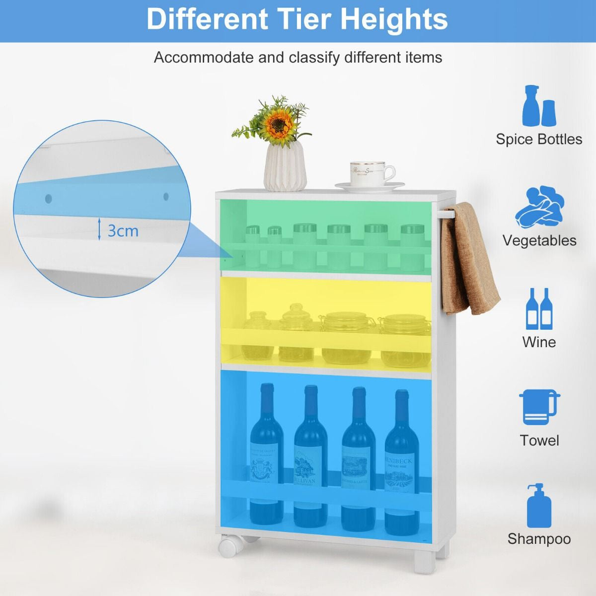4-Tier Slim Rolling Storage Trolley with Handle and Adjustable Shelf