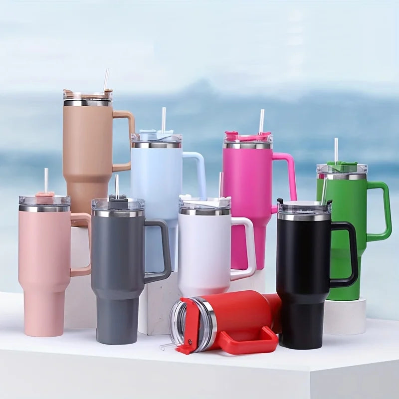 40Oz 304 Stainless Steel Insulated Water Bottle,Thermal Coffee Car Cup, Cold Hot Mugs Vacuum Flask with Handle Straw,For Sport