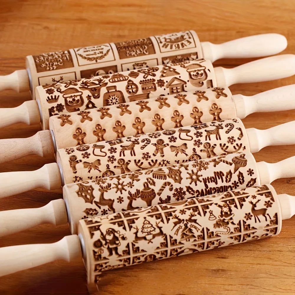 1Pc 13.7In Wooden Christmas Embossed Rolling Pin for Pastry Baking Tools,Santa Claus Elk Boots Deep Engraving Cookies Stamp Tool