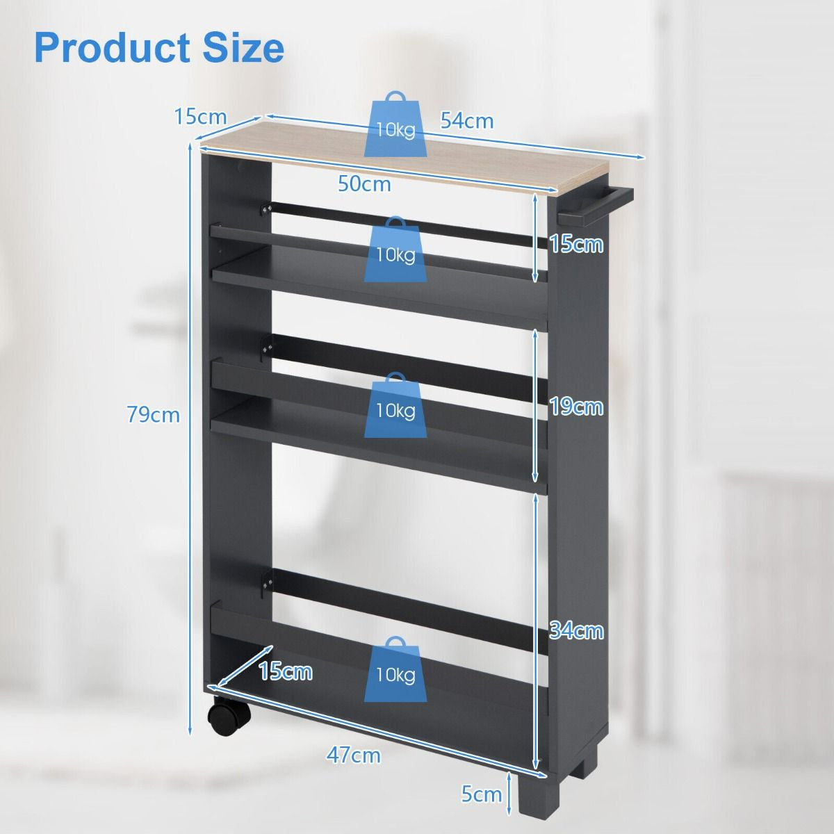 4-Tier Slim Rolling Storage Trolley with Handle and Adjustable Shelf